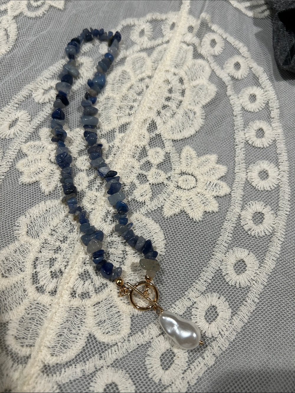 Blue Chip Bead Necklace with Pearl Drop - Unbranded